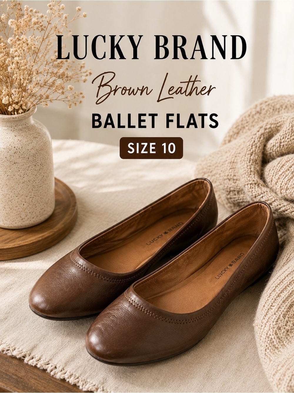 Lucky Brand Brown Leather Ballet Flats Womens Size 10 Round Toe Slip On